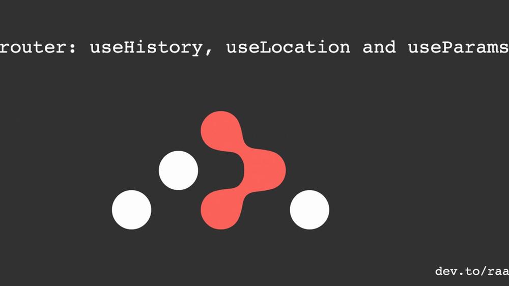 The image shows a black background with white and red shapes and text that reads router: useHistory, useLocation, useParams.