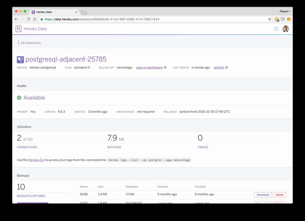 The image shows a dashboard of a Heroku database.