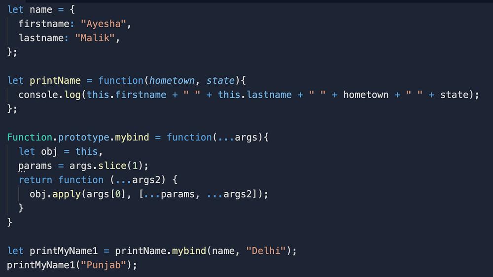 The code is defining a function called printName that takes two parameters, hometown and state, and logs the first and last name properties of the object that called the function, as well as the hometown and state parameters.