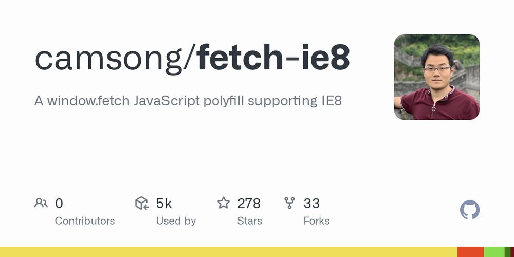 The image shows a GitHub repository called fetch-ie8 by user camsong.