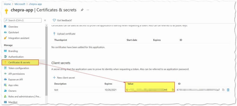 The image shows a list of client secrets in the Azure portal.