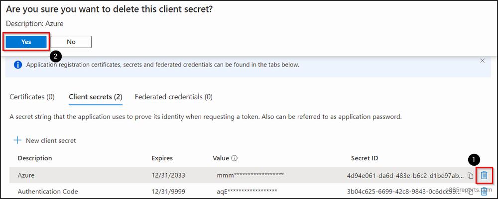 A confirmation dialog to delete a client secret with a textbox labeled Description and a value of Azure.
