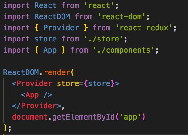 The code is using React and Redux to render a component into the DOM.