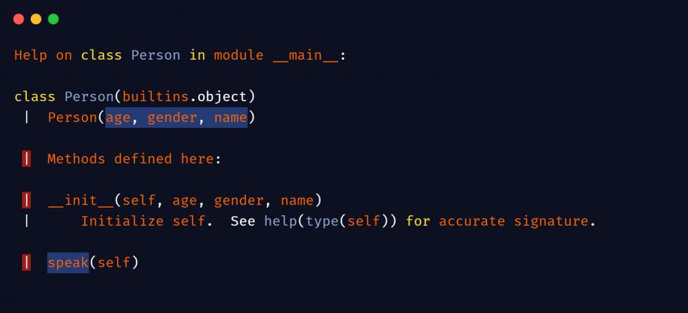 The image shows a Python class named Person with an initializer that takes three parameters: age, gender, and name.