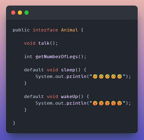 The image shows a piece of code that defines an interface called Animal with methods talk, getNumberOfLegs, sleep and wakeUp.