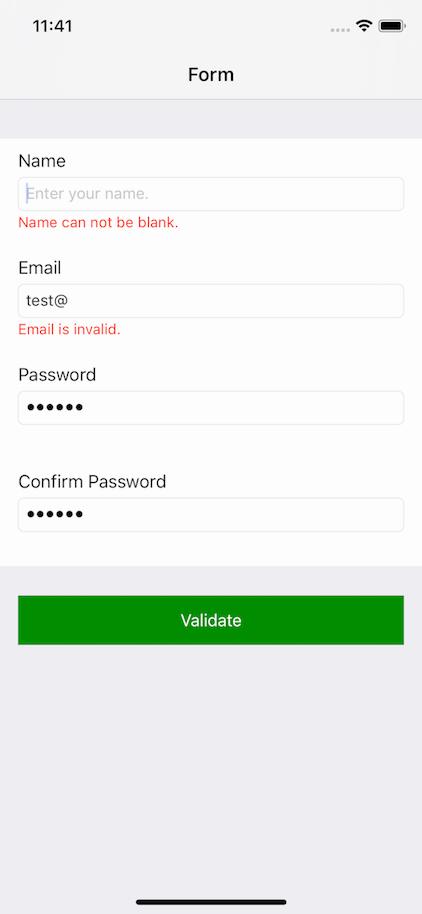 A form with fields for name, email, password, and confirm password, and a green button that says Validate.