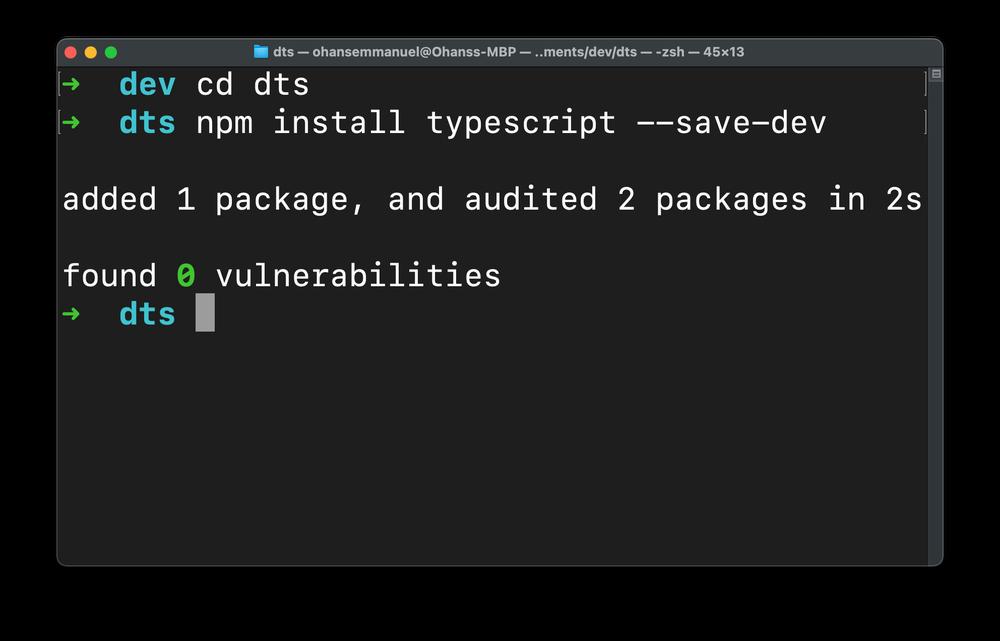 In a terminal window, the command `npm install typescript --save-dev` is run, which installs the TypeScript package and adds it to the projects `devDependencies`.