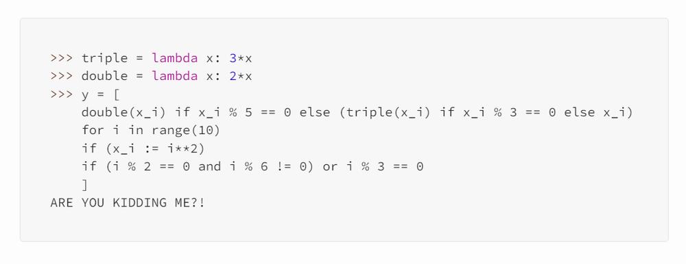 The code is a Python function that takes a list of numbers as input and returns a list of numbers that are double the original numbers if they are divisible by 5, triple the original numbers if they are divisible by 3, and the original numbers otherwise.