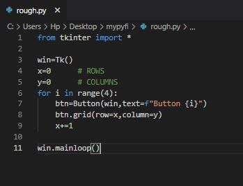 The image shows a code editor with Python code that creates a window with four buttons.