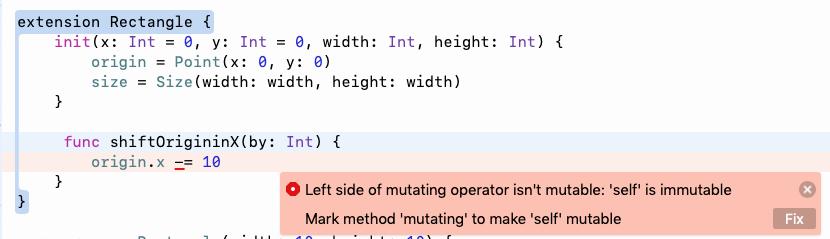 The image shows an error message in a programming language that says Left side of mutating operator isnt mutable: self is immutable.