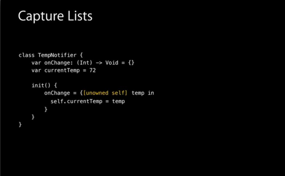 The image shows a code snippet in Swift demonstrating capture lists.