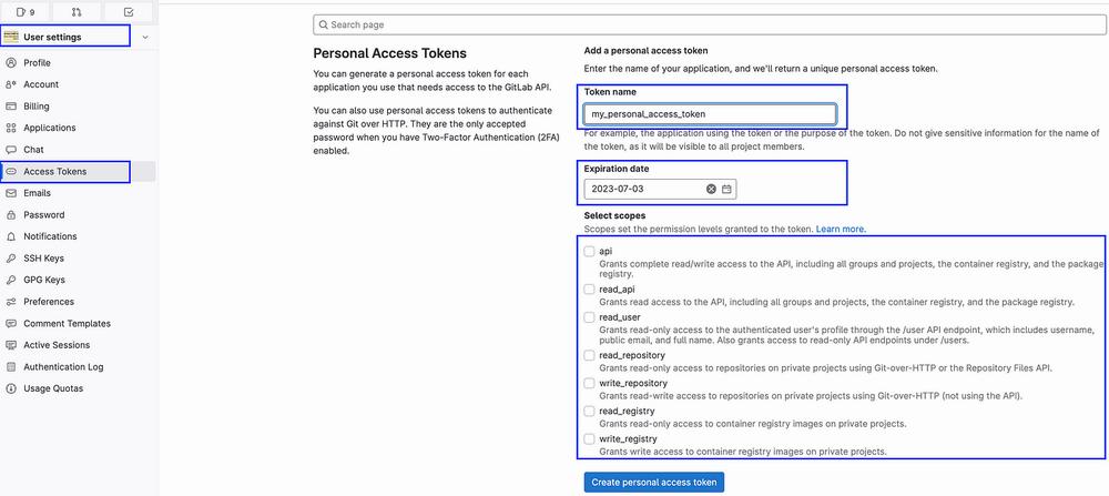 The image shows a page where you can create a personal access token for GitLab.