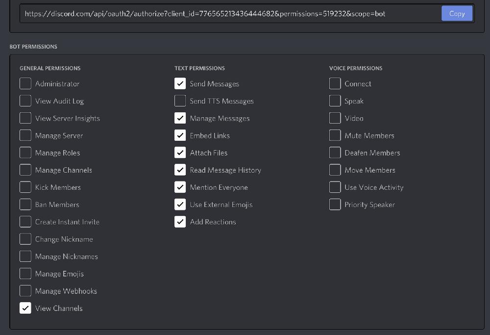 The image shows the permissions that a bot can have on a Discord server.