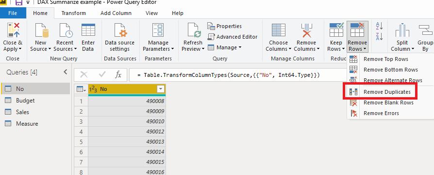 The image shows the Power Query Editor in Microsoft Excel, with the Remove Alternate Rows option selected in the ribbon.