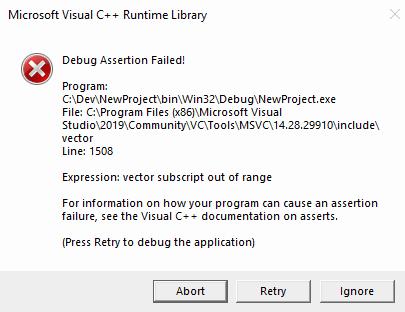 A dialog box with a red X icon, showing a message that the program has encountered an error and needs to close.