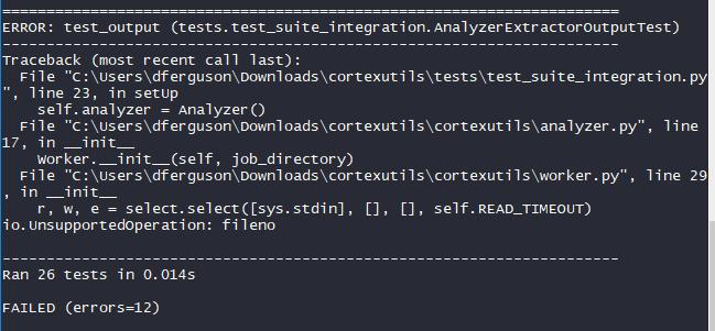 An error occurred while running the test suite for the Cortex Analyzer Extractor.