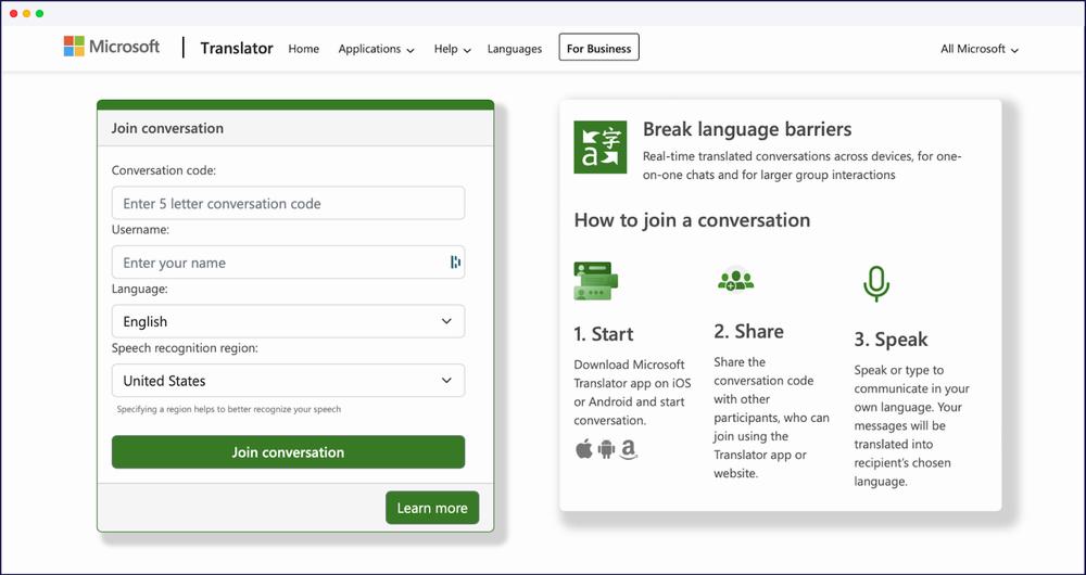 A screenshot of the Microsoft Translator app, which allows users to have real-time translated conversations across devices.