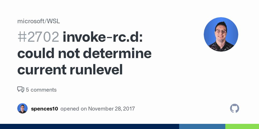 The image shows a GitHub issue titled #2702 invoke-rc.d: could not determine current runlevel, opened by spences10 on November 28, 2017, with 5 comments.