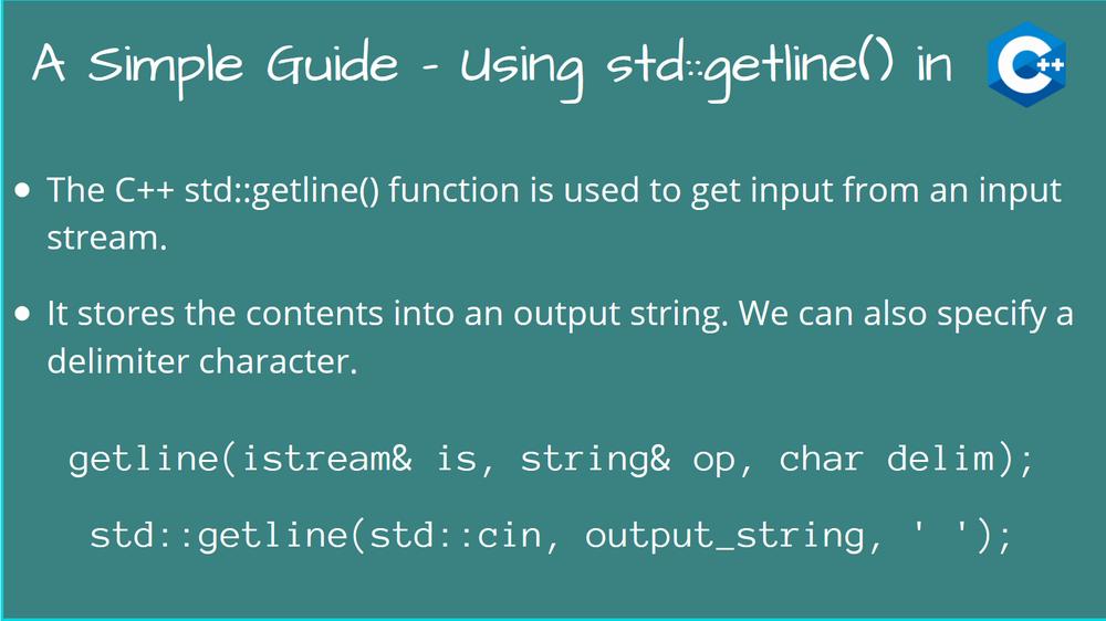 The image is a C++ code snippet demonstrating the std::getline() function.