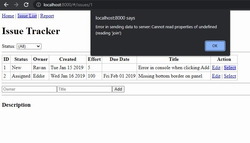 A web page with a red error message at the top saying Error in sending data to server: Cannot read properties of undefined (reading join)