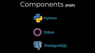 The image shows three logos in a column with the text Components (POP) at the top, from top to bottom the logos are Python, Odoo, and PostgreSQL.