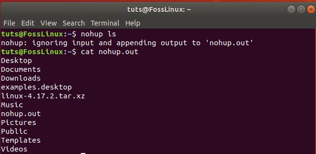 The image shows a terminal window with a portion of the source code for the nohup command.
