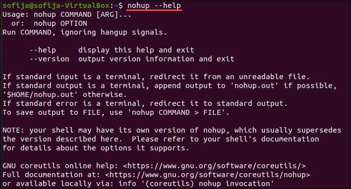 The image shows the help page of the nohup command.