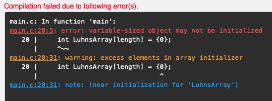 The image shows a C compiler error message saying that a variable-sized array may not be initialized.