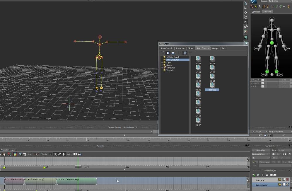 The image shows a screenshot of a 3D animation software, displaying a humanoid rig with a list of animation clips and a timeline.