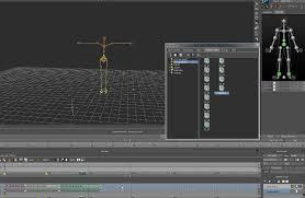 A screenshot of a 3D animation software, showing a skeleton model in a 3D space with a timeline and a list of animation layers on the right.