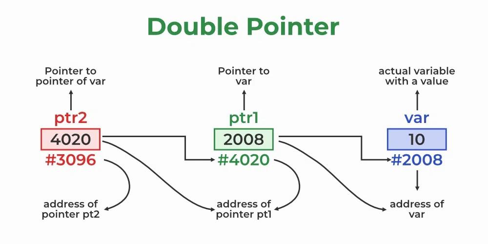 A diagram showing how double pointers work in C programming.